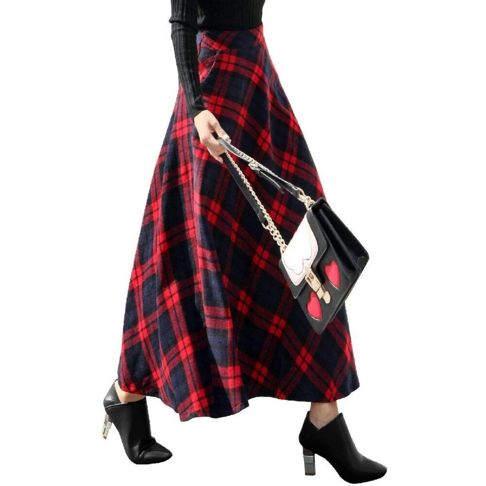 Wool Blend A-Line Skirt High Waist Elastic Flared Maxi with Pockets